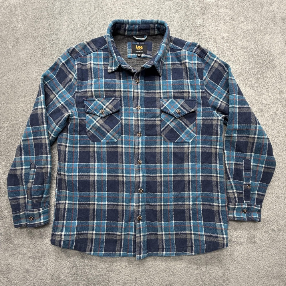 Lee Shirt Mens L Blue Plaid Flannel Button Up Long Sleeve Lined Pockets